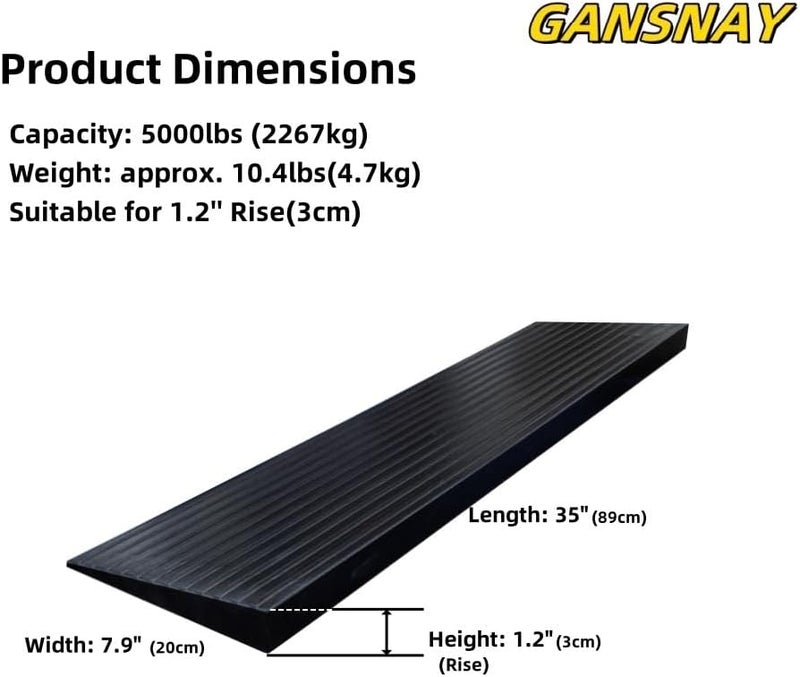 GANSNAY 1.2" Rise Threshold Ramps for Doorways, Driveways, Heavy Duty Solid Rubber 5000lbs Capacity, Non-Slip & Cuttable Handicap Ramp for Wheelchairs, Scooters, Strollers, Curbs- 1.2″Rise (35″×7.9″) - Image 2